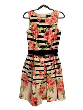 Bold Black and White Stripe with Bright Pink and Yellow Flower Pattern Dress 10